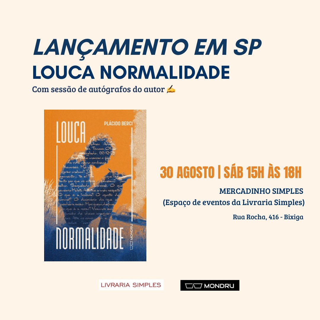 É amanhã o lançamento em São Paulo do meu novo livro: Louca Normalidade. Das 15h às 18h, no Mercadinho Simples, Rua Rocha, 416, Bixiga. Espero a todos lá!