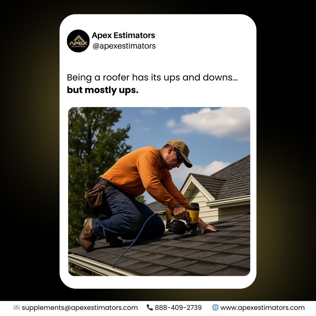 apexestimators's tweet image. Being a roofer has its ups and downs… but mostly ups!
Just like Fridays—always looking up to the weekend! 
Stay safe out there, roofers, and enjoy the downtime when you climb down.

#ApexEstimators #RoofingIndustry #roofinghumor