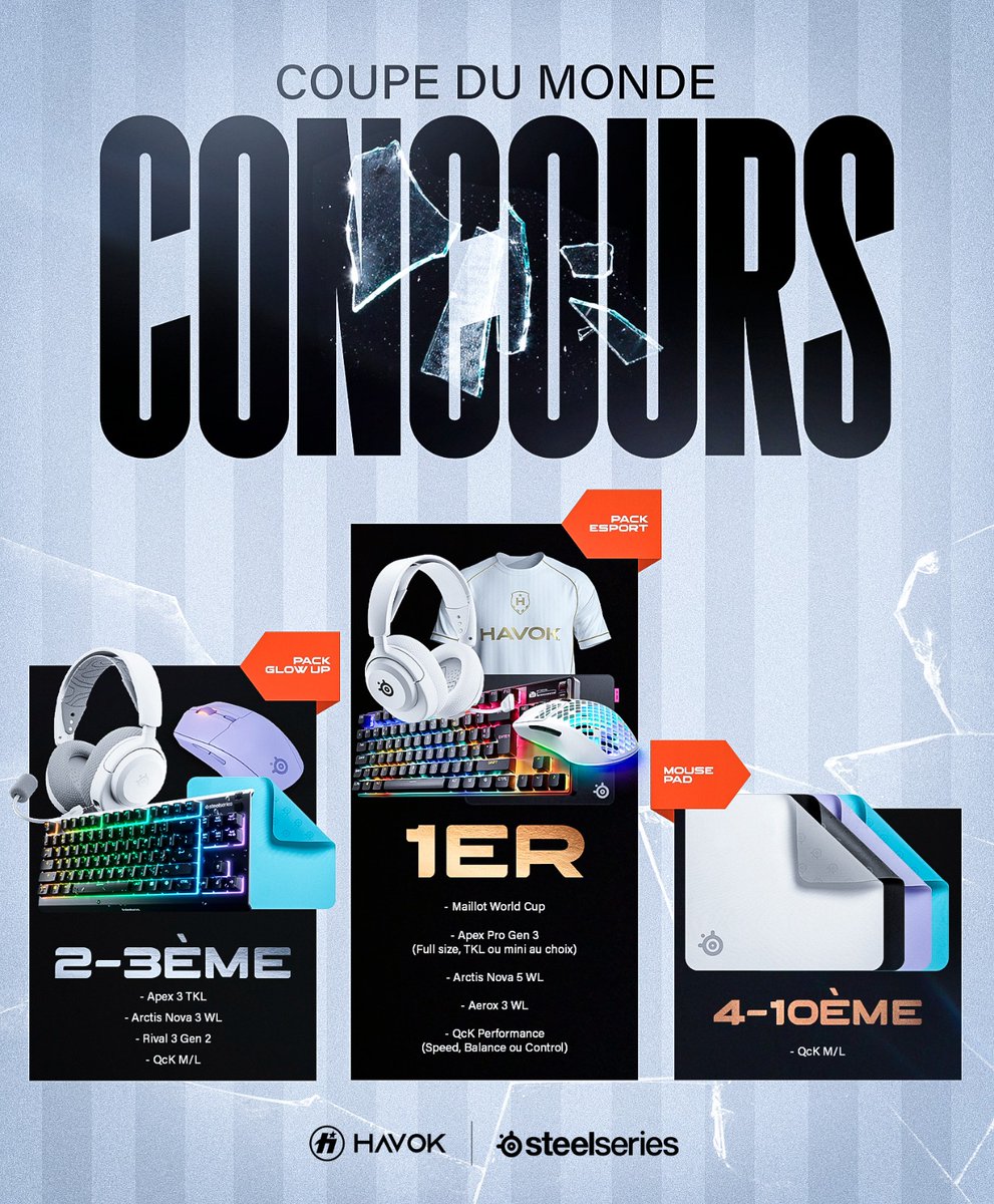 Team HavoK (@hvkggs) on Twitter photo On organise un énorme concours avec <a href="/SteelSeries/">SteelSeries</a>, notre partenaire pour la Coupe du Monde ! 🤩
Il y a de nombreux lots à gagner : des claviers, casques, souris, tapis de souris et même un maillot HavoK pour le premier 🎁
👉 Pour y participer : gleam.io/aUwBT/steelser… On organise un énorme concours avec <a href="/SteelSeries/">SteelSeries</a>, notre partenaire pour la Coupe du Monde ! 🤩
Il y a de nombreux lots à gagner : des claviers, casques, souris, tapis de souris et même un maillot HavoK pour le premier 🎁
👉 Pour y participer : gleam.io/aUwBT/steelser…