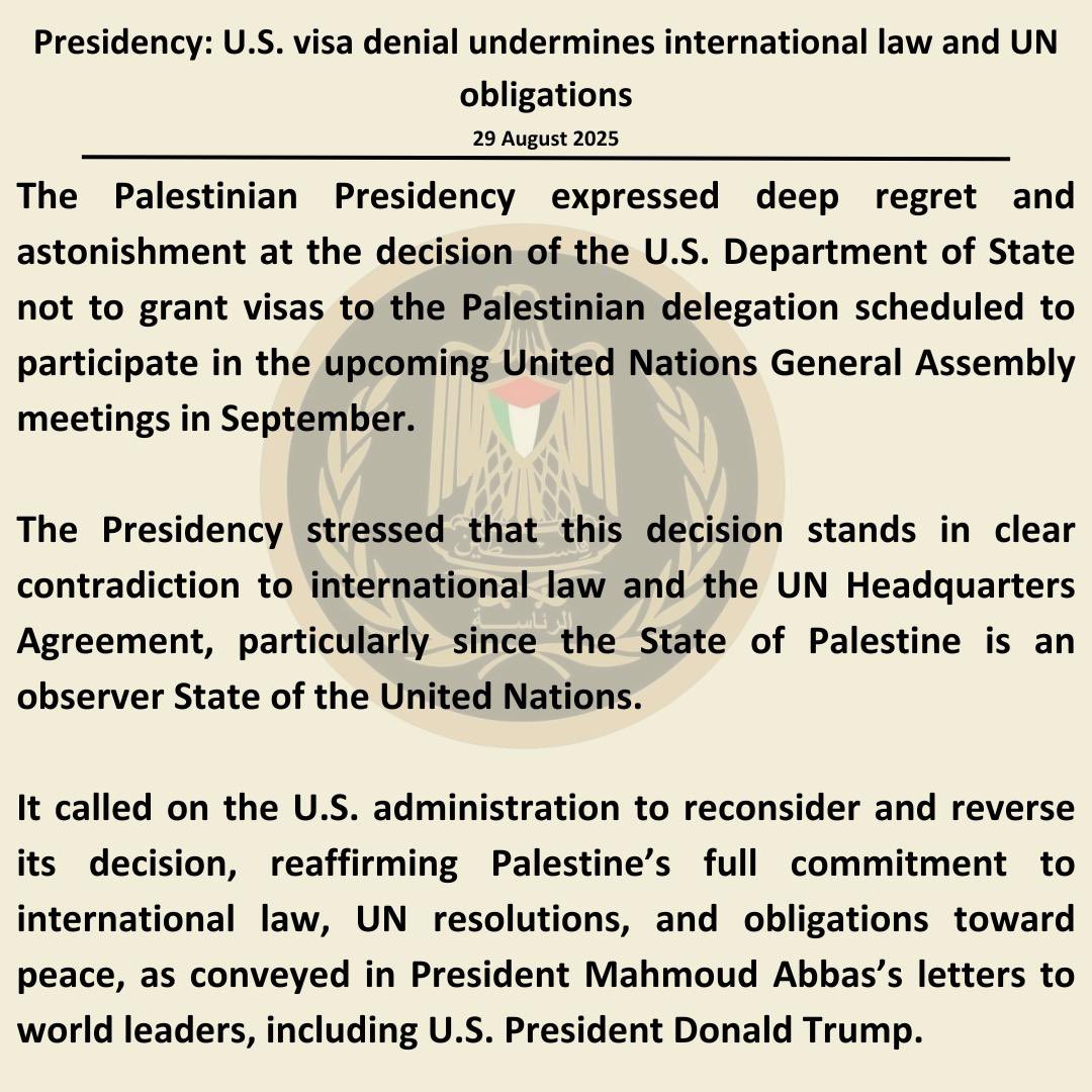 Palestinian Presidency statement on US denial of visas for Palestinian officials: