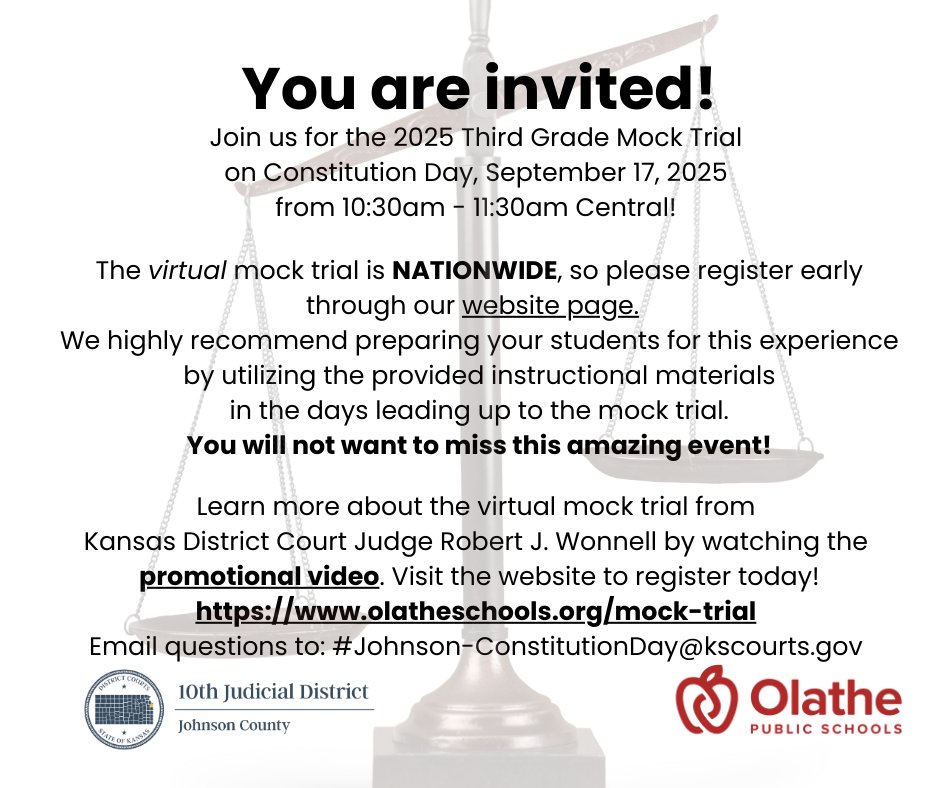 Join us on Constitution Day at 10:30am Central/11:30am Eastern for our AMAZING NATIONWIDE 3rd Grade virtual  Mock Trial with Judge Robert J. Wonnell! 
Special guests from all three branches including the U.S. Supreme Court! 
Register today!
olatheschools.org/mock-trial