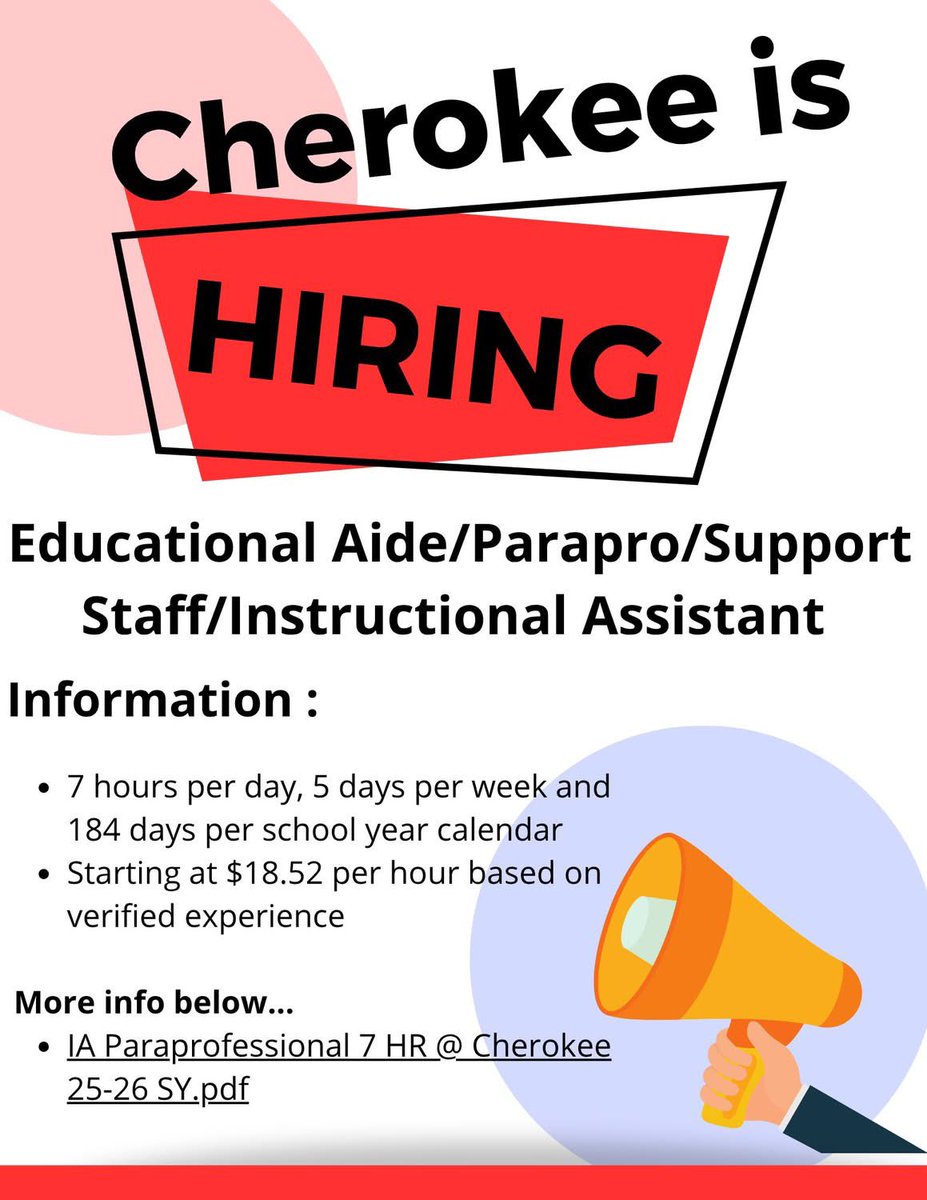 Cherokee is hiring right away!! 🤩 Consider joining our awesome team, and/or sharing with someone who might be interested! 🐆 

Please reach out to Mrs. Montgomery by email at valerie.montgomery@lakotaonline.com with questions! 😊#cheetahpride #WEareLakota