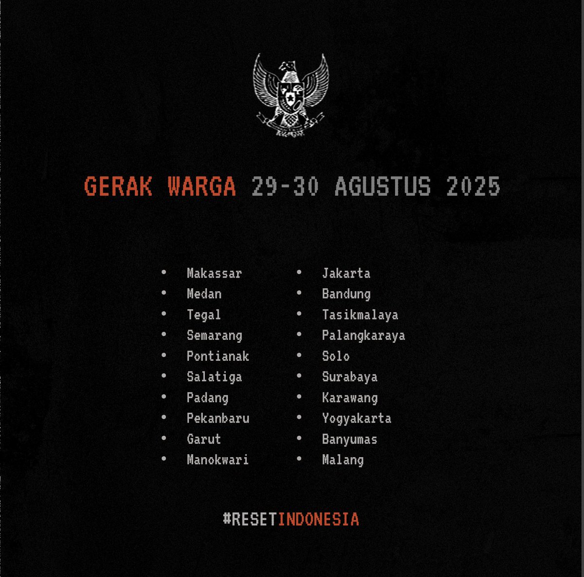 Berdasarkan pantauan kami dari 29-30 Agustus dinihari, ada 20 titik gerak warga di seluruh Indonesia.

Warga bersama warga akan kuat. Ingat siapa yang bukan teman kita: Polisi dan Tentara.

Jaga warga, bantu warga, selamatkan warga.

#resetindonesia
