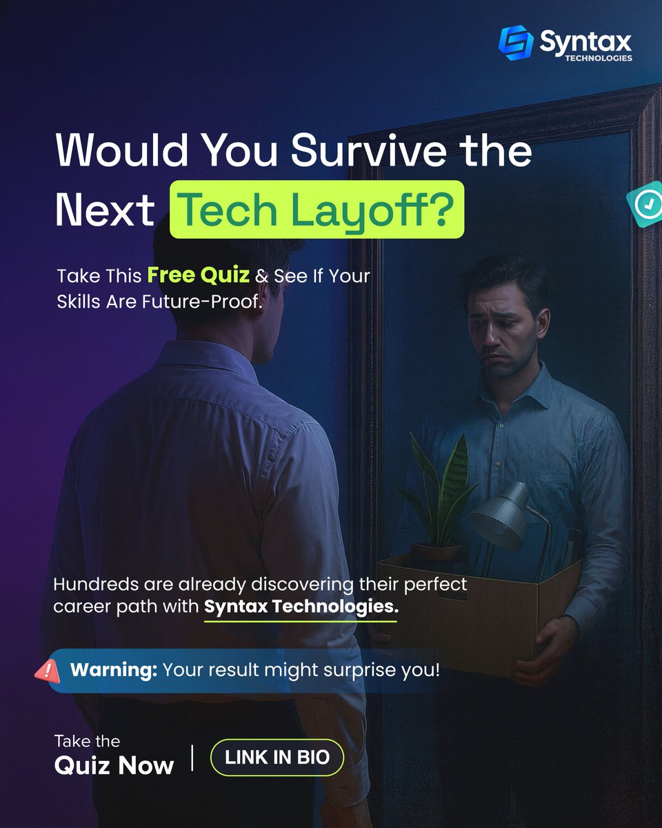 SyntaxTechs's tweet image. ๐ Start the Quiz Now: syntaxtechs.com/quiz/
#careerquiz #futureproofskills #techquiz #quiz #career #masslayoffs #aijobs #careerswitch #techcareers #bootcamplife #upskillnow #jobsecurity #learnandearn #careergrowth #stayrelevant #upgradeyourskills #highpayingcareers