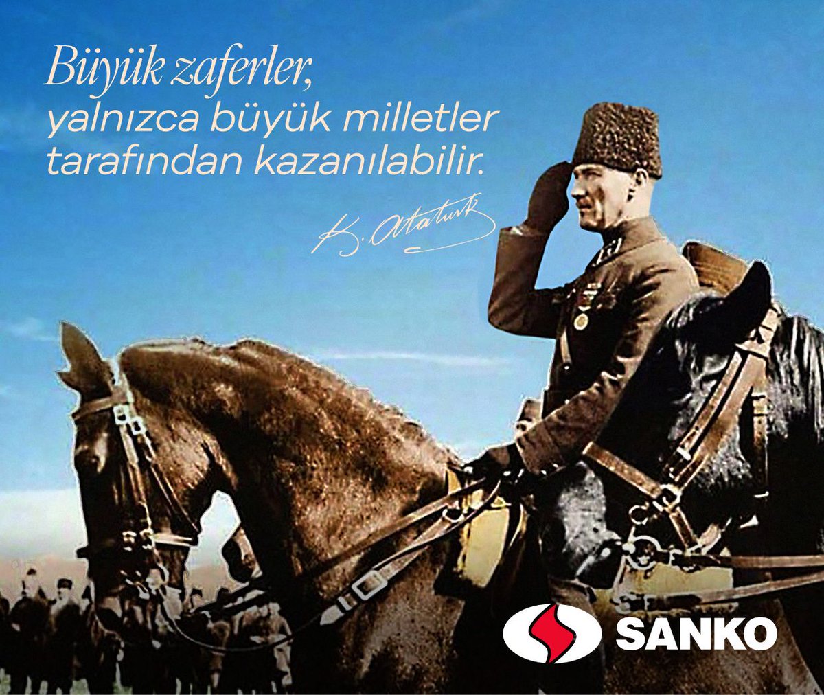 🇹🇷30 Ağustos Zafer Bayramımız Kutlu Olsun.

Cumhuriyetimizin Kurucusu Gazi Mustafa Kemal Atatürk ve Milli Mücadele kahramanlarımız başta olmak üzere vatanın bölünmez bütünlüğü uğruna canlarını feda eden şehit ve gazilerimizi rahmet ve minnetle anıyoruz.

#30AğustosZaferBayramı