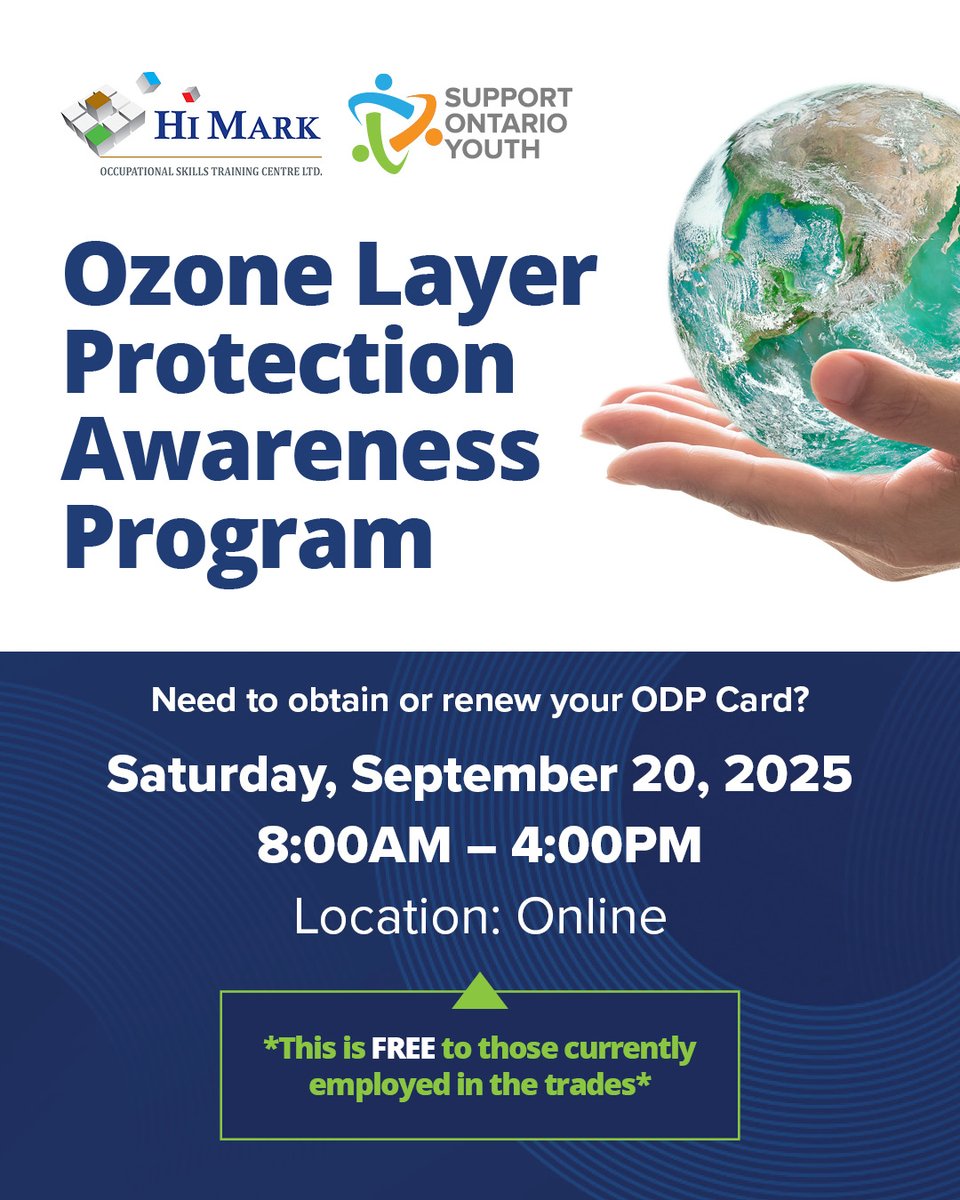 Join us for a 1-day online training session this September in partnership with <a href="/HiMarkTraining/">Hi-Mark OSTC Ltd.</a>! 

📅 Saturday, September 20, 2025
💲 Free for those currently employed in the trades

👉soy.jobtimize.com/fit/initial.js…

#SupportOntarioYouth #SOY #Apprenticeship #Career #SkilledTrades