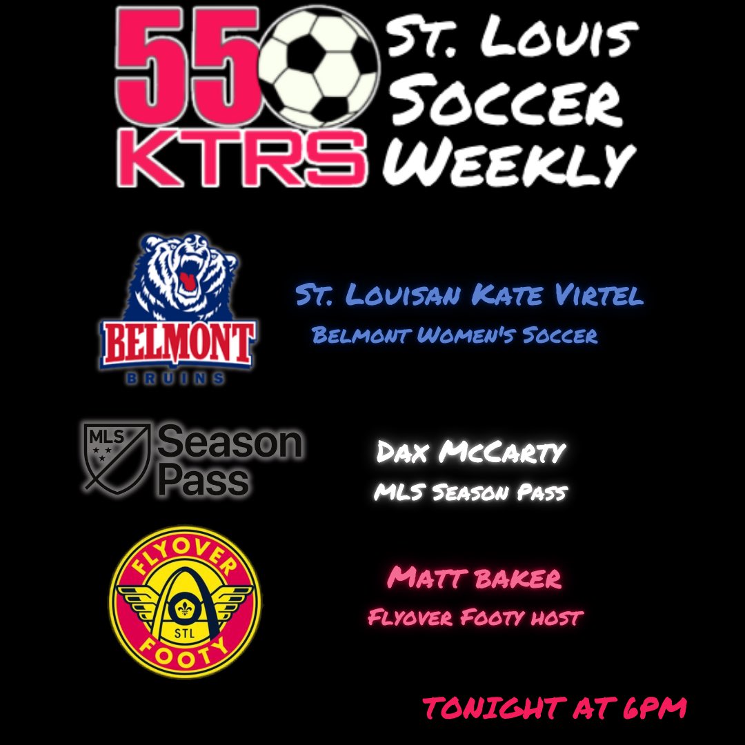 Tune in tonight at 6pm on the <a href="/BigSportsShow/">KTRS Sports</a> for St. Louis Soccer Weekly with St. Louisan Kate Virtel from <a href="/BelmontWSoccer/">Belmont Women’s Soccer</a> <a href="/DaxMcCarty11/">Dax McCarty</a> from <a href="/MLS/">Major League Soccer</a> season pass and <a href="/FlyoverFooty/">Flyover Footy</a> host <a href="/MattBakerSTL/">Matt Baker</a> 

#ktrs #radio #soccer #talkofstl