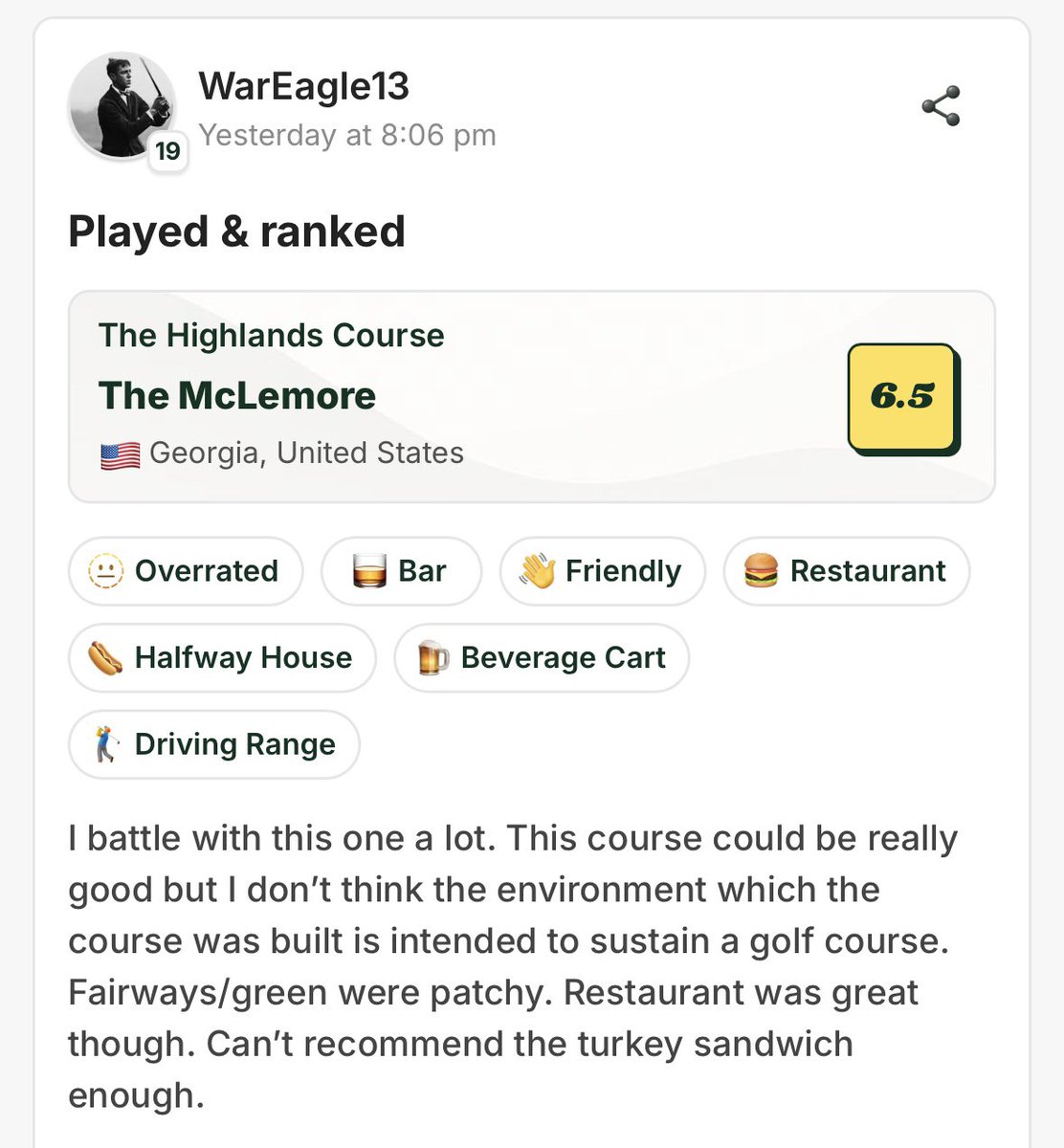 CourseVaults (@coursevaults) on Twitter photo #attention golfers in or traveling to Georgia.
please note that while The Highlands Course at McLemore is overrated, the turkey sandwich can’t be recommended enough.
#featuredreview <a href="/fairwaybet/">Public Aficionado</a> #attention golfers in or traveling to Georgia.
please note that while The Highlands Course at McLemore is overrated, the turkey sandwich can’t be recommended enough.
#featuredreview <a href="/fairwaybet/">Public Aficionado</a>