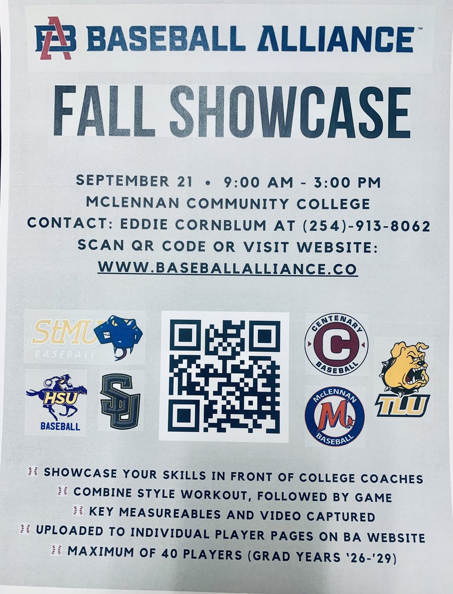 Eddie Cornblum (@cornlum22) on Twitter photo This is a great opportunity for High School Baseball Players in Central Texas. Baseball Alliance will host a Fall Showcase at MCC on September 21st. Scan the code for further information or go to baseballalliance.co. Or call Coach Cornblum at 254-913-8062 for more info This is a great opportunity for High School Baseball Players in Central Texas. Baseball Alliance will host a Fall Showcase at MCC on September 21st. Scan the code for further information or go to baseballalliance.co. Or call Coach Cornblum at 254-913-8062 for more info