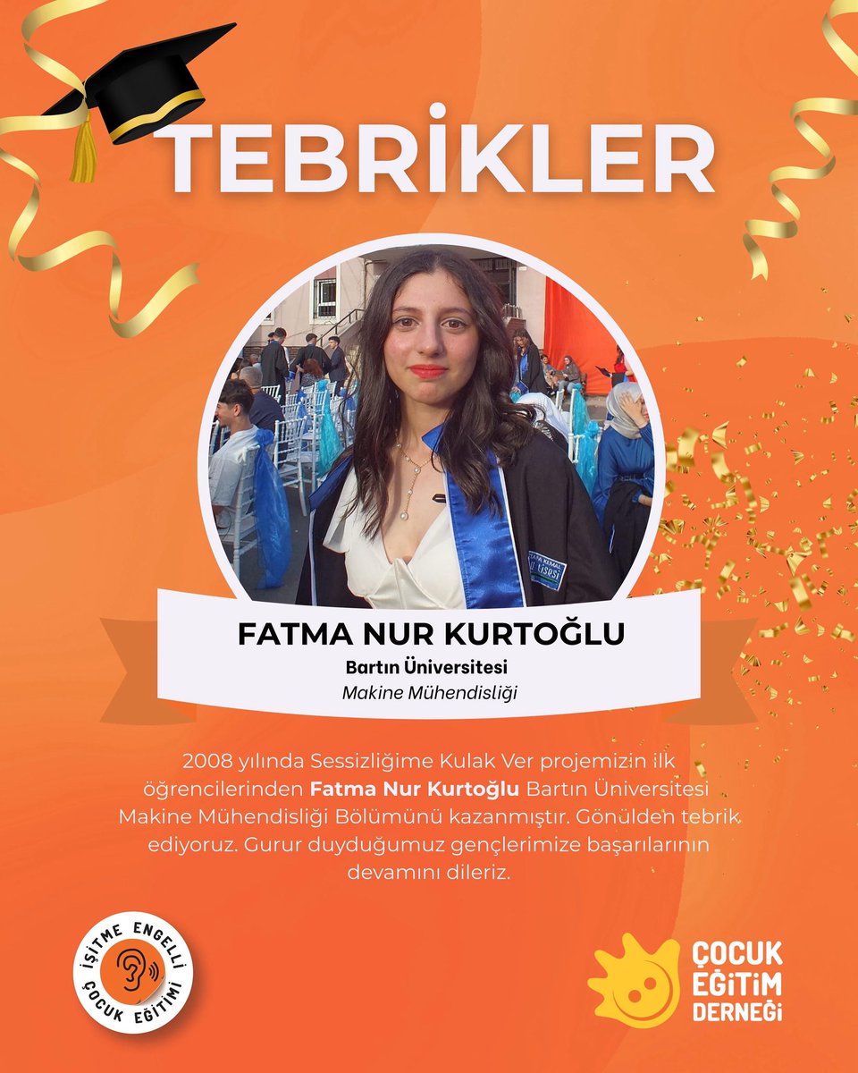 🎉 🧿 2008 yılında Sessizliğime Kulak Ver projemizin ilk öğrencilerinden Fatma Nur Kurtoğlu, Bartın Üniversitesi Makine Mühendisliği Bölümünü kazanmıştır.
Gönülden tebrik ediyoruz. Gurur duyduğumuz gençlerimize başarılarının devamını dileriz. ✨