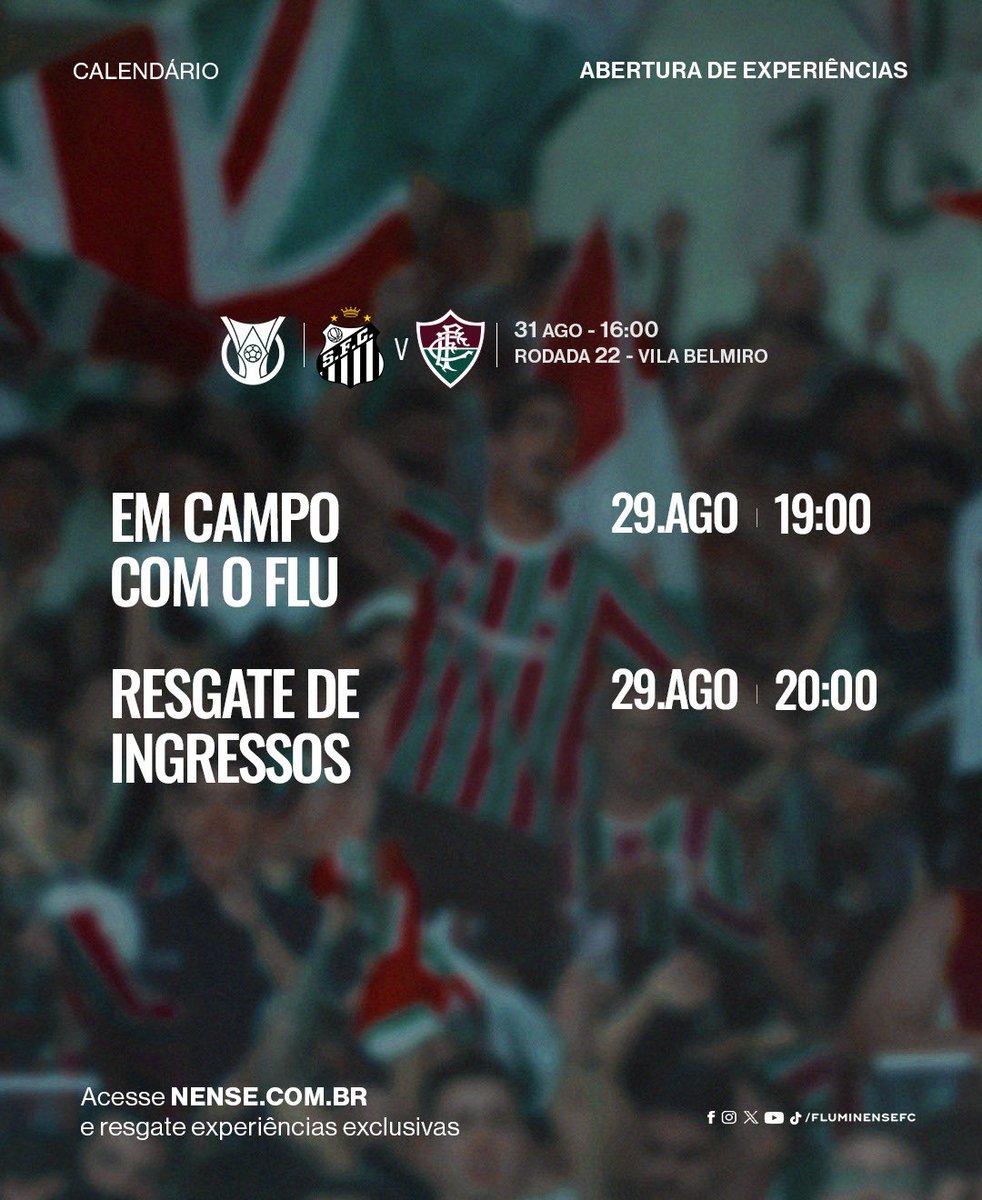 Alô Tricolores de Santos! 🇭🇺

Fiquem ligados que já já tem resgate de ingressos e abertura da experiência "Em campo com o Flu" para a partida deste domingo!

#SejaSócio em nense.com.br e resgate!