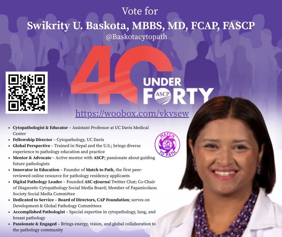 PathatUCD's tweet photo. Congratulations to our very own! @Baskotacytopath! Help us get her to the ASCP 40 Under 40 Top 5!—a huge honor recognizing rising leaders in path.
To 🗳️ : Visit https://t.co/ObyFhQtmi6
👇Scroll down to find her
🗳️1 vote/day-through September 12, 2025
@ASCP_Chicago #PathTwitter https://t.co/ARL1Bz7KJC