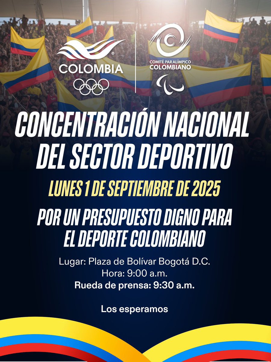 Con el hashtag #ColombiaEsDeporte deportistas y entidades deportivas vamos a enviarle un mensaje al Gobierno Nacional y al Presidente <a href="/petrogustavo/">Gustavo Petro</a> para que No le quite el presupuesto al deporte .
<a href="/MinDeporteCol/">Ministerio del Deporte</a> <a href="/OlimpicoCol/">Comité Olímpico COL</a>