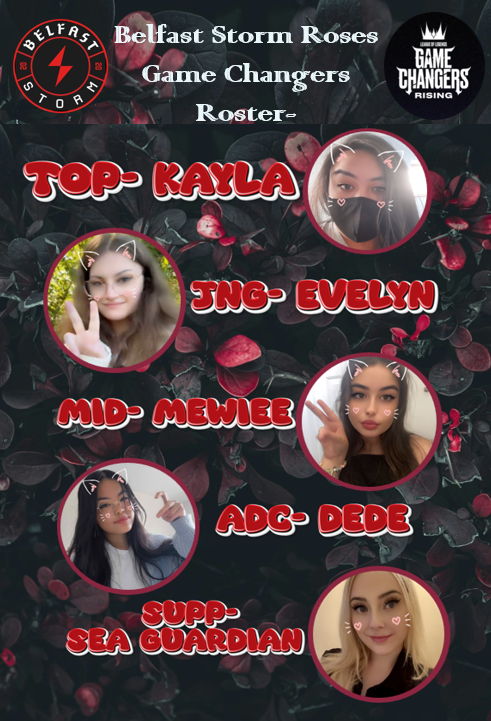 ⚠️ROSTER ANNOUNCEMENT!⚠️
Tomorrow <a href="/Belfaststorm/">Belfast Storm</a> female team will be competing in Game Changers!!! 🌹
🔝-<a href="/KaylaYenL/">Kayla</a>
🌴-<a href="/EvelynLied/">EvelynLied</a>
🧙‍♂️-<a href="/jisuunaa/">Jisu (mewiee) 🖤</a>
🏹-<a href="/slaydede/">Dede</a>
🚑-<a href="/Sea_Guardian1/">Sea Guardian</a>

Coaches- <a href="/SamaFreeze/">Sama</a> <a href="/Limsyxd/">Limsy</a>

Come watch the games casted by <a href="/SMOOTHBRAINER_/">SMOOTHBRAINER</a> on: twitch.tv/belfaststorm