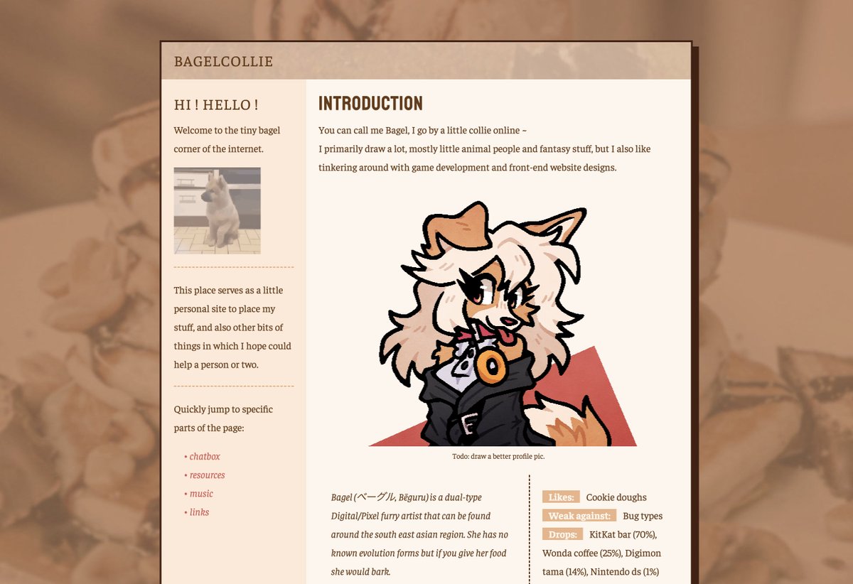 It took a while but I updated my neocities site after maybe 2 years, feel free to leave a message if you drop by, bagelcollie.neocities.org ~