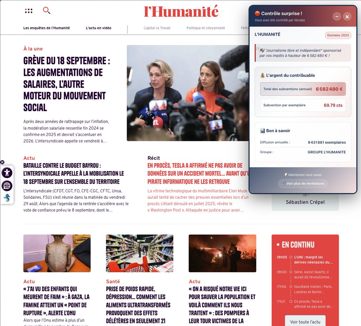 Vous êtes (très) nombreux à avoir apprécié le site dédié à Nicolas Qui Paie, mais ce n'était QUE LE DÉBUT !

Une extension pour navigateur arrive très bientôt...
Son objectif ?

Lorsque vous arrivez sur le site web d'un média : BAM une pop-up vous affiche le montant des