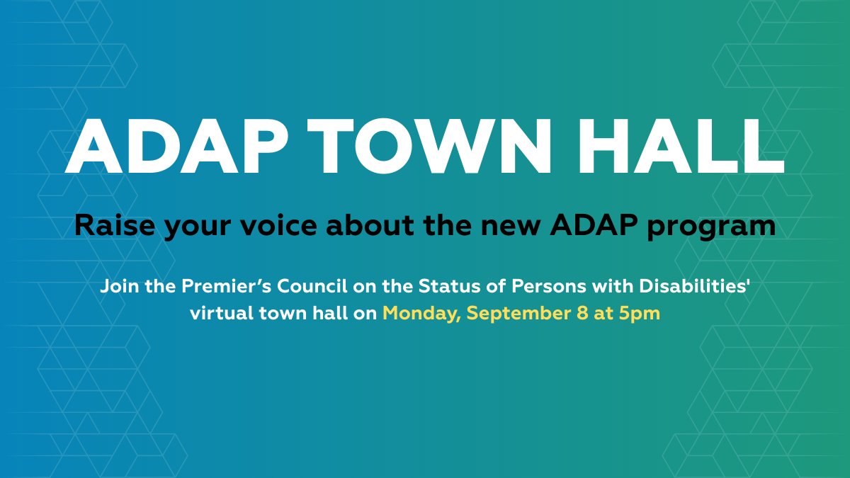InclusionAB's tweet image. Raise your voice about the new ADAP program. Join the Premier’s Council on the Status of Persons with Disabilities’ virtual town hall on September 8 at 5pm. Learn more: inclusionalberta.org/connections/ad…