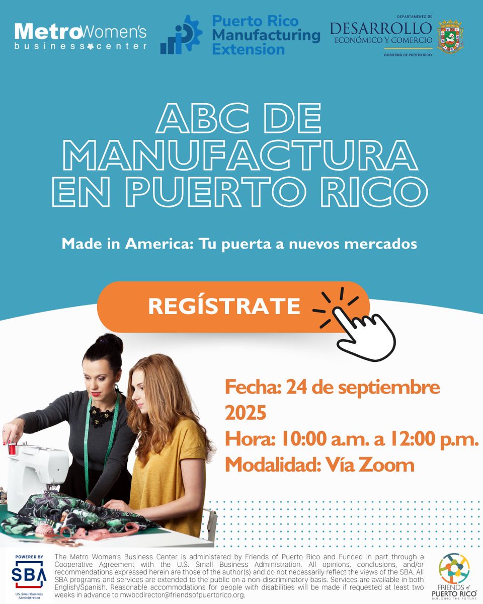MWBCPR's tweet image. ¿Sabías que tu negocio puede ser parte de la manufactura aunque no tengas una fábrica?
Aprende lo básico, conoce oportunidades con Made in America y cómo iniciar en este sector.

📅 24 de septiembre
🕛 10:00 a.m a 12:00 p.m
🖥Vía Zoom
Regístrate: puertoricowomen.org/event/abc-de-l…