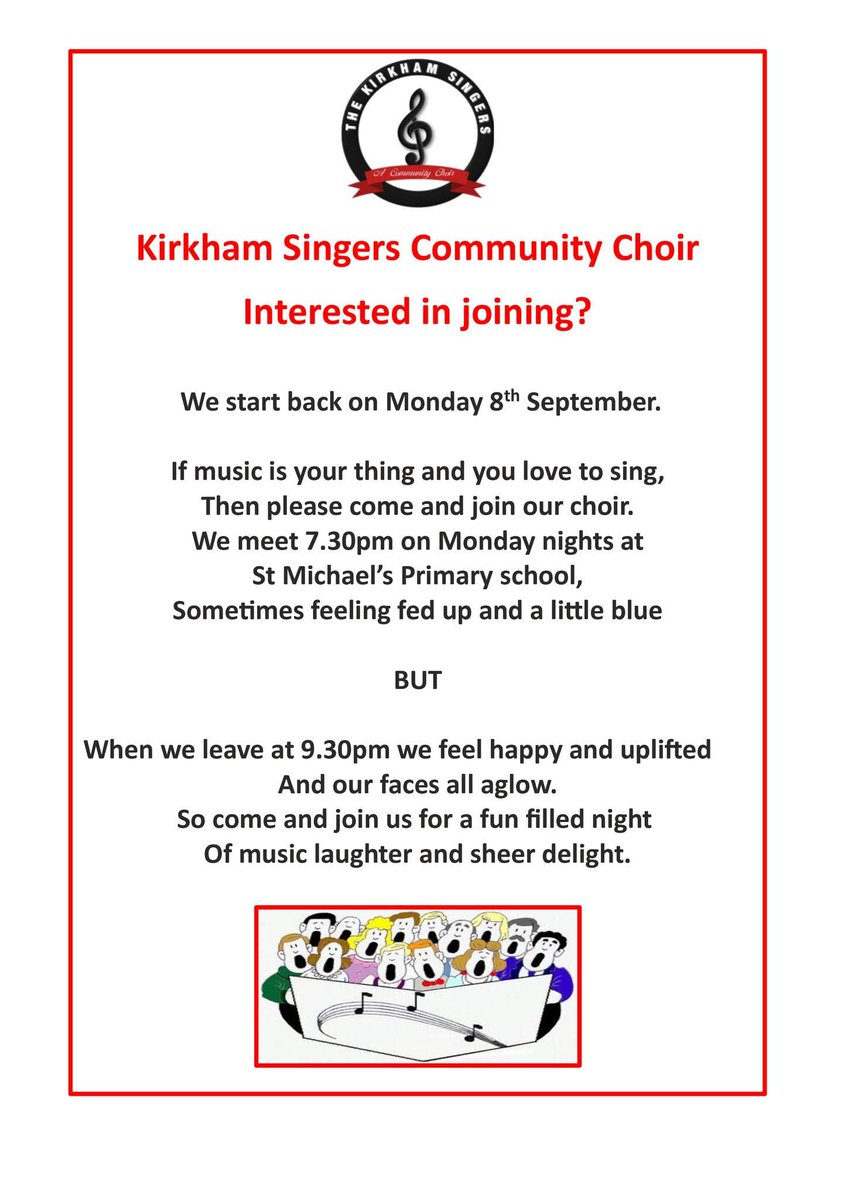 Interested in joining a choir? Come and have a go with The Kirkham Singers! No experience necessary - you don't even need to be able to read music. Join us on Monday 8th September to find out how much fun singing can be 😊🎶
