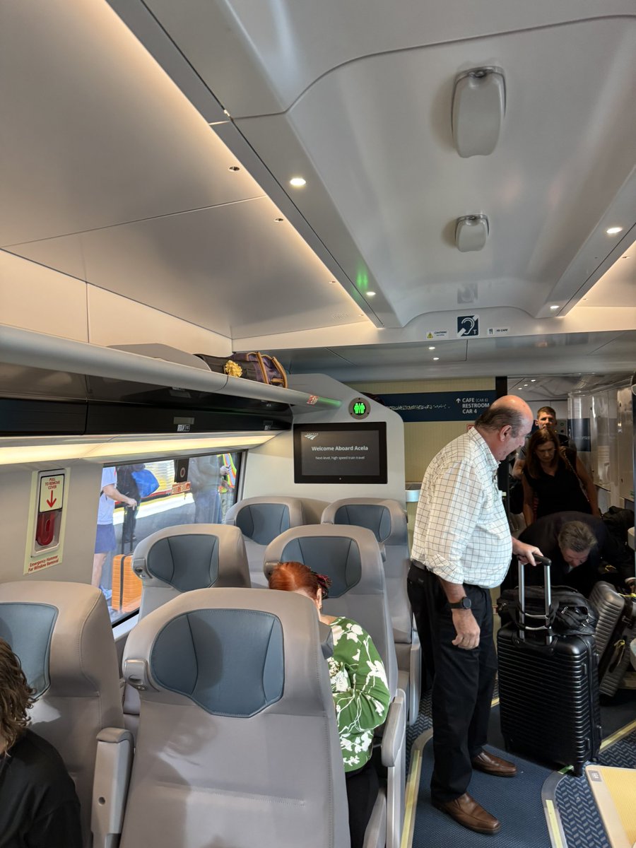 On the new so-called premium Acela, which is almost, but not quite, as nice as a train I took a decade ago in Germany. Progress
