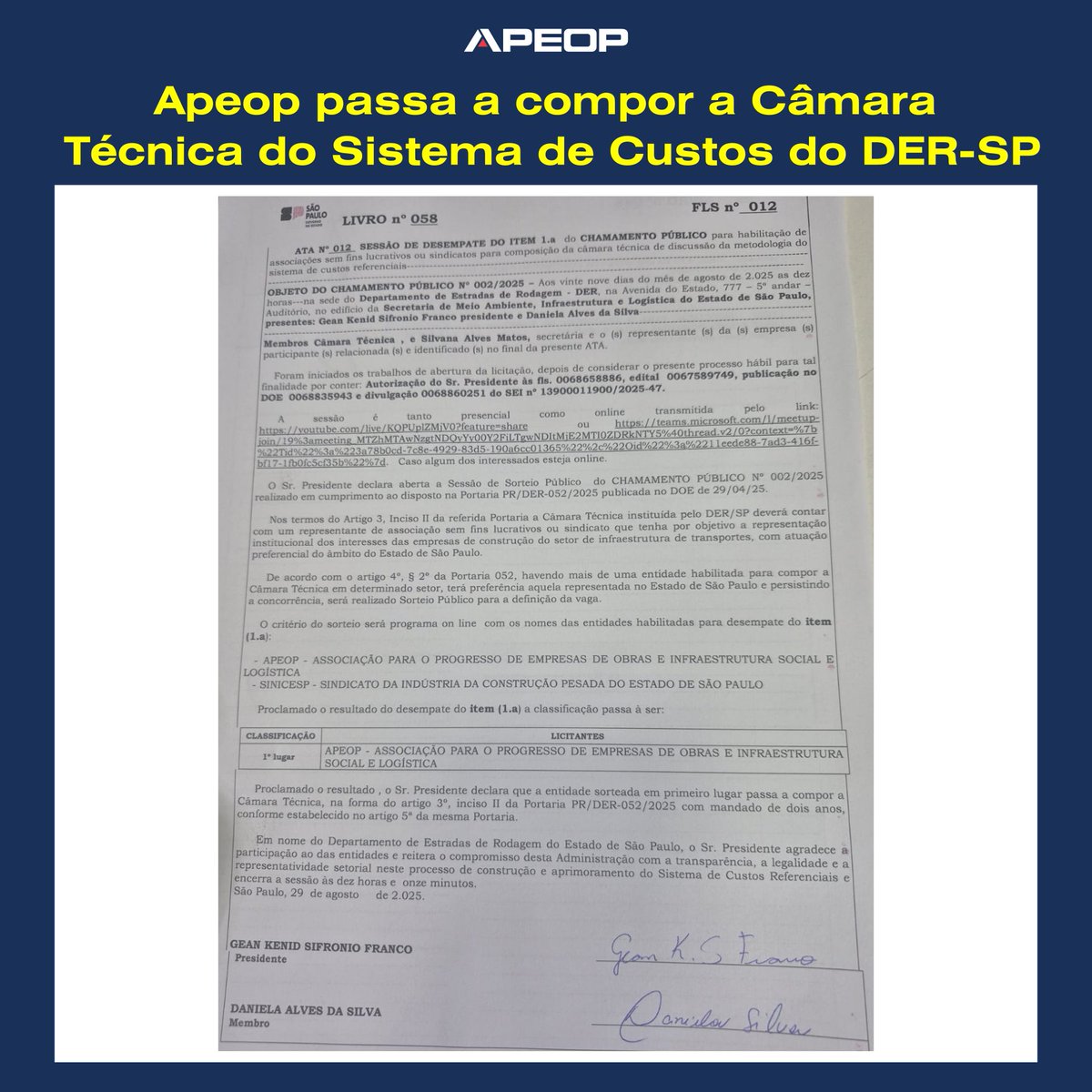 Apeop passa a compor a Câmara Técnica do Sistema de Custos do DER-SP