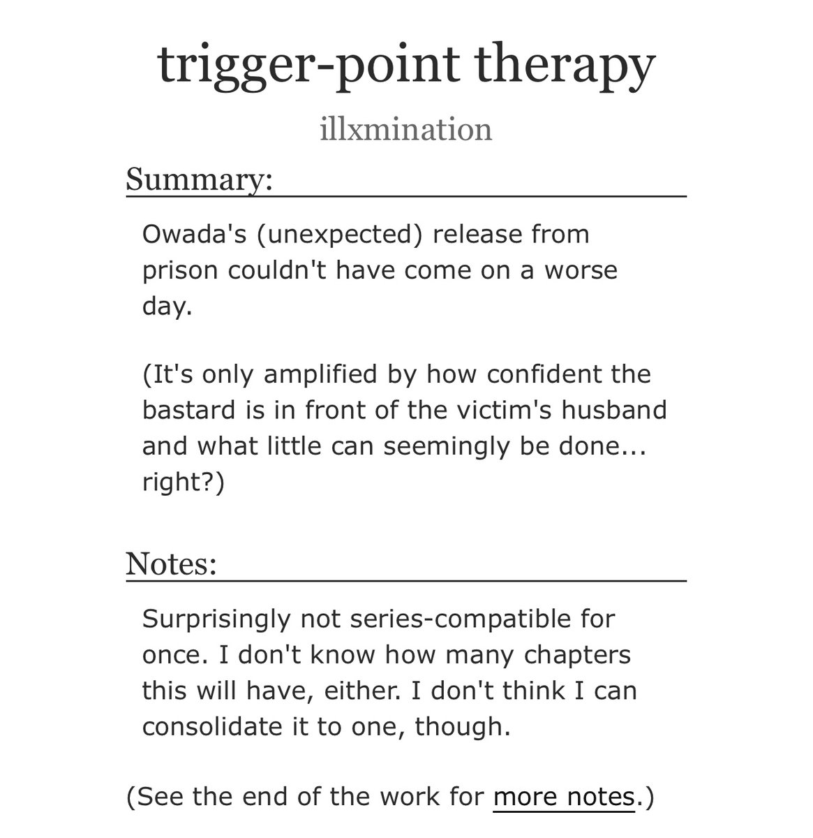 Have you ever want to beat the everloving shit out of the man who murdered your wife and freely walks the streets? 

trigger-point therapy | M | Persona 5

archiveofourown.org/works/68813786…