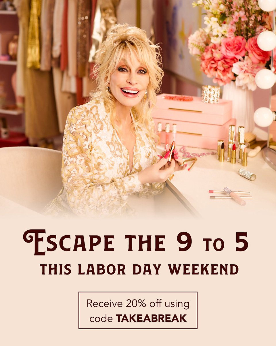 DollyParton's tweet photo. Labor Day glam starts now! ✨Take 20% off with code TAKEABREAK and give your end-of-summer look that extra sparkle. https://t.co/FUU5jejBQv https://t.co/VTyWUcn0oF