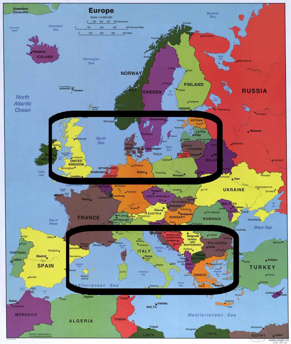Pendiente de desarrollar más la idea, pero:

Protestante vs Católico
Cebada vs Trigo
Inviernos eternos vs veranos tórridos
Rubios vs morenos
Lenguas germánicas vs lenguas romances

Mare Nostrum vs Mare Illorum