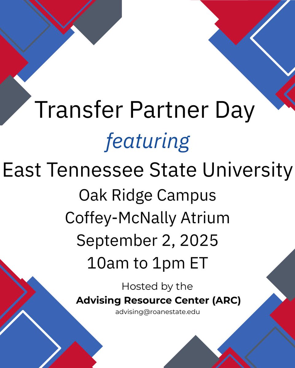 Today's Transfer Partner University is East Tennessee State University! Want to know about their Transfer Programs? Stop by Coffey-McNally Atrium at the Oak Ridge Campus from 10am to 1pm ET TODAY!