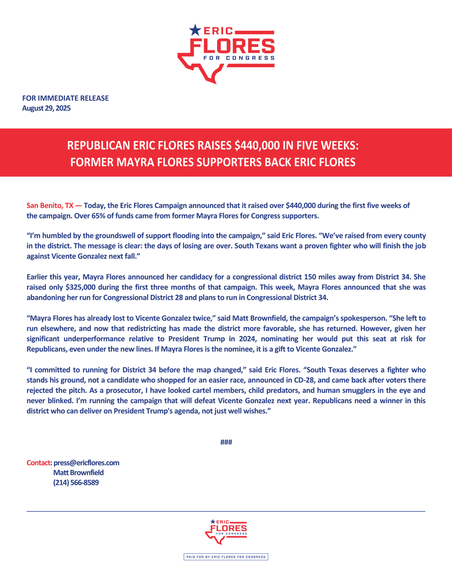 EricDFloress's tweet photo. Eric Flores Campaign raises $440K in five weeks. https://t.co/4GHa4StVx2