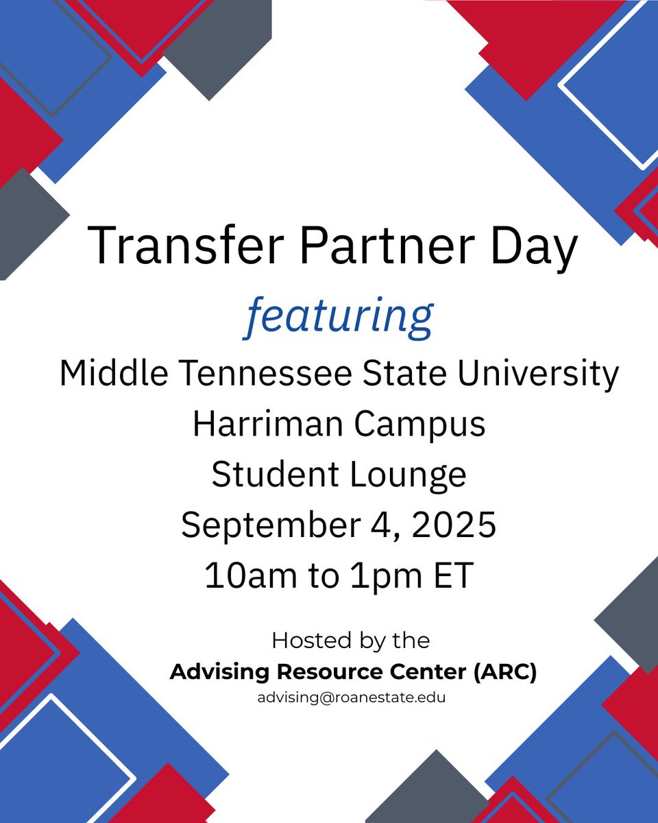 Hey Raiders, check out who your Transfer Partner University is today! It's Middle Tennessee State University (MTSU)! They are here to talk to YOU today on the Harriman Campus in the Student Lounge between 10am to 1pm ET. Go say, Hello!