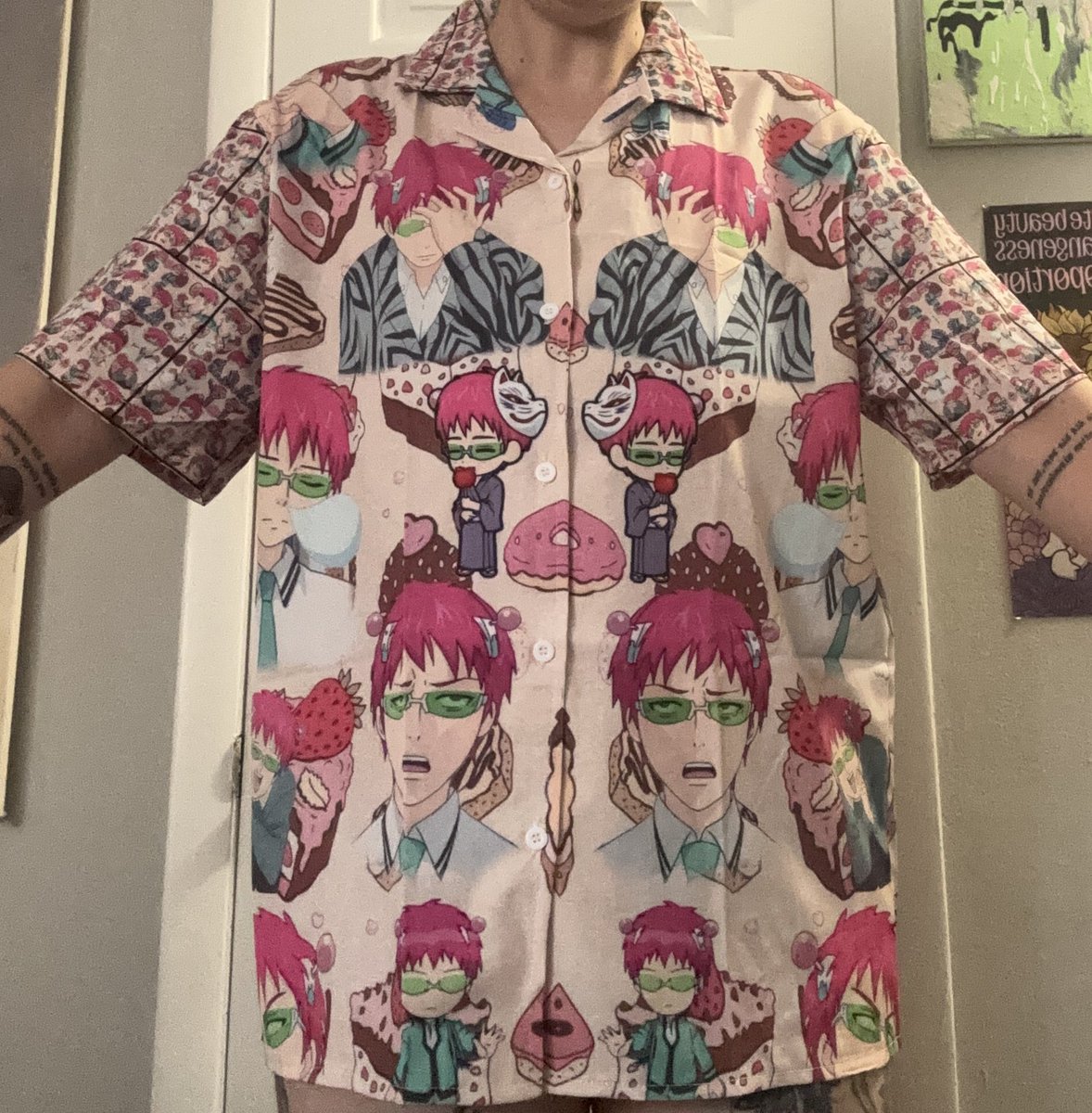 summer081698's tweet photo. hoping this will reach the anime fans but i make custom #AnimeArt and #anime apparel 👀👀 here’s a #saikik button up i made (and sell!!) https://t.co/VYcgec1D7P
