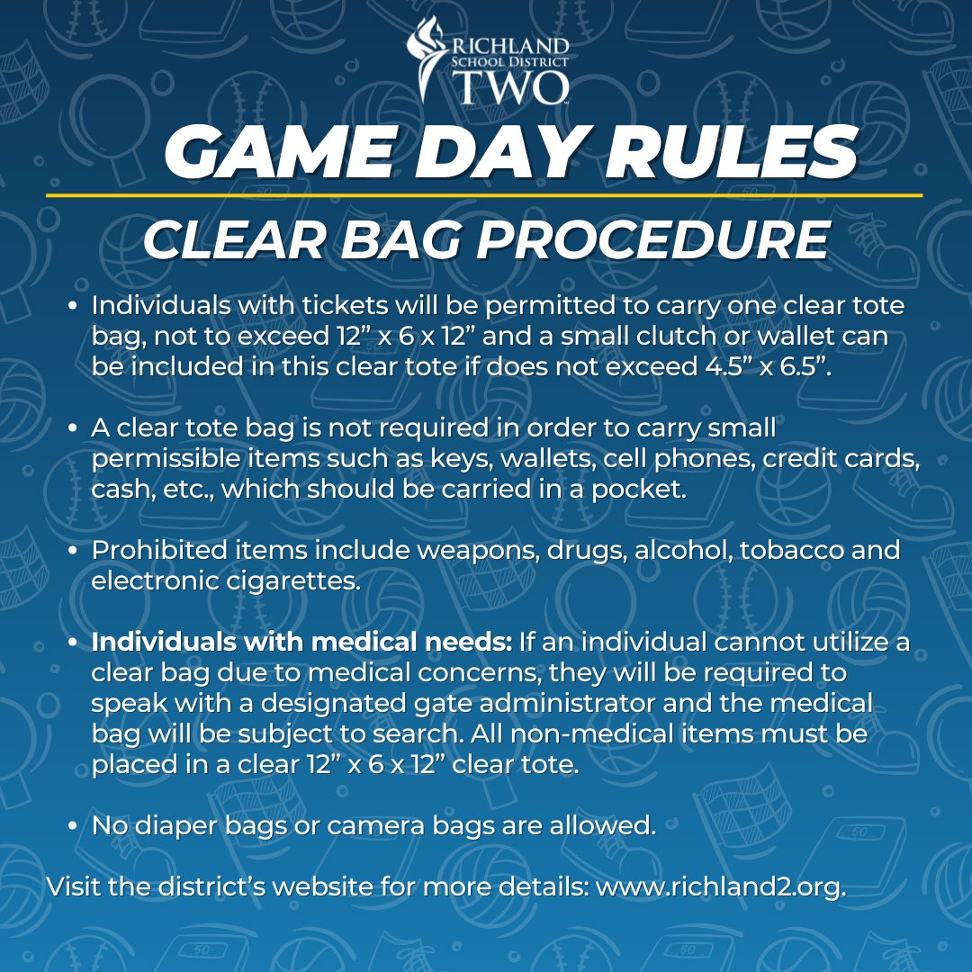 ⚽️⚾️🏀GAME DAY RULES🏈🥎🎾
Richland Two has a clear bag policy for all varsity events and junior varsity events before varsity events. All district high school students must have a ticket and show their school student ID. #PurposeDrivenFutureReady