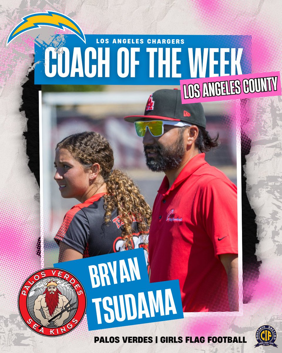 Congratulations to Coach Bryan Tsudama from Palos Verdes HS for being the Week 0️⃣ <a href="/chargers/">Los Angeles Chargers</a> LA County Girls Flag Football Coach of the Week! ⚡️🏈

#CIFSS #CIFSSFootball #ChargersCOTW #coachoftheweek