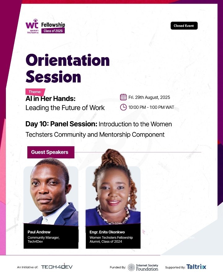 wildfl0w6r's tweet image. Day 10 of the Women Techsters Fellowship Orientation and I can’t believe it’s over.

Key takeaways I’m holding on to:
• You are your first mentor; know yourself and create a clear roadmap.
• Mentorship works when you’re intentional and nurture relationships.