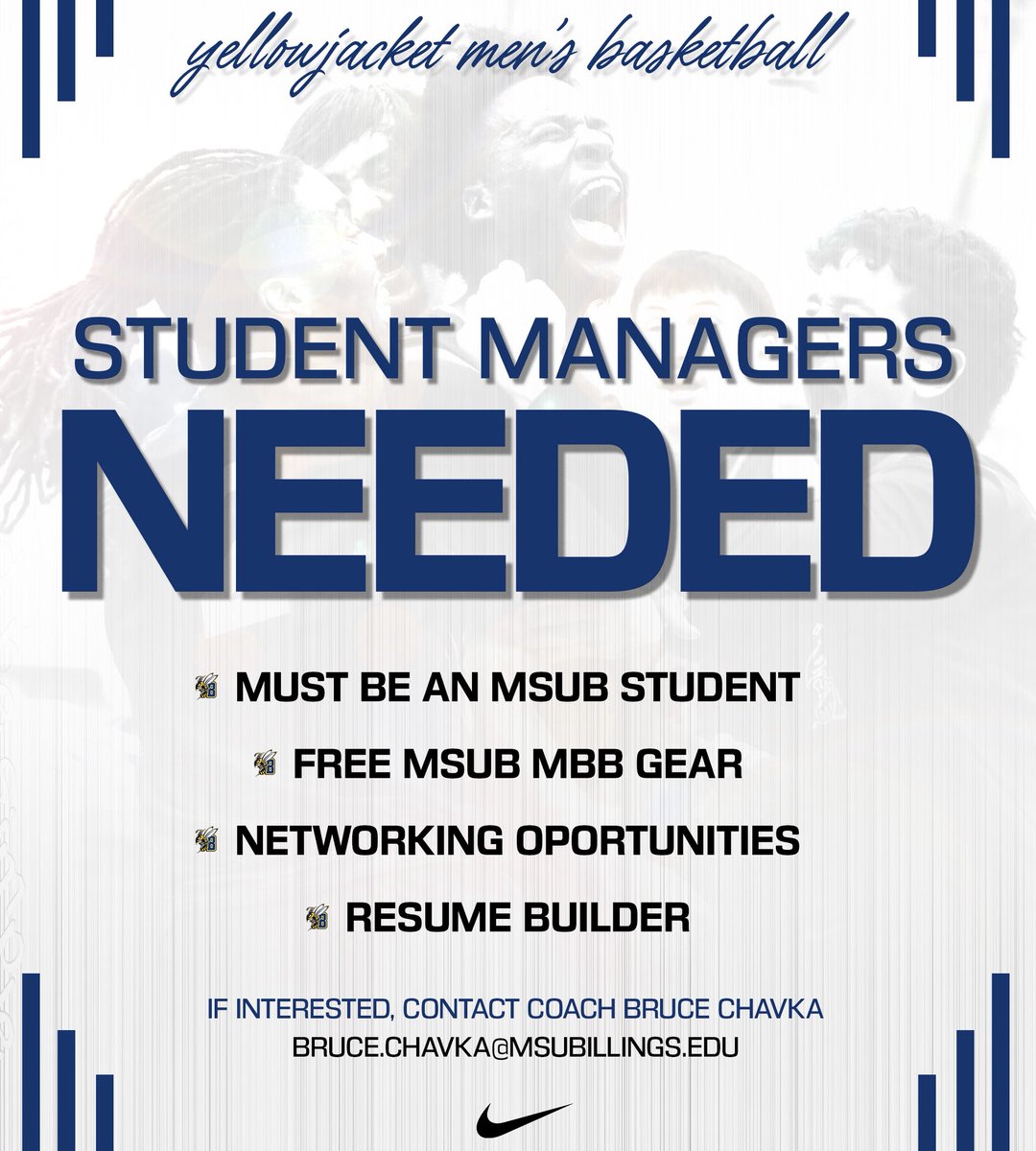 MSUBMBB's tweet photo. 🚨Student Managers Needed🚨

If interested, contact Coach Bruce Chavka at bruce.chavka@msubillings.edu!

#msubsports | #msubmbb | #ubuntu | #tnt https://t.co/F9Fstnt2CF