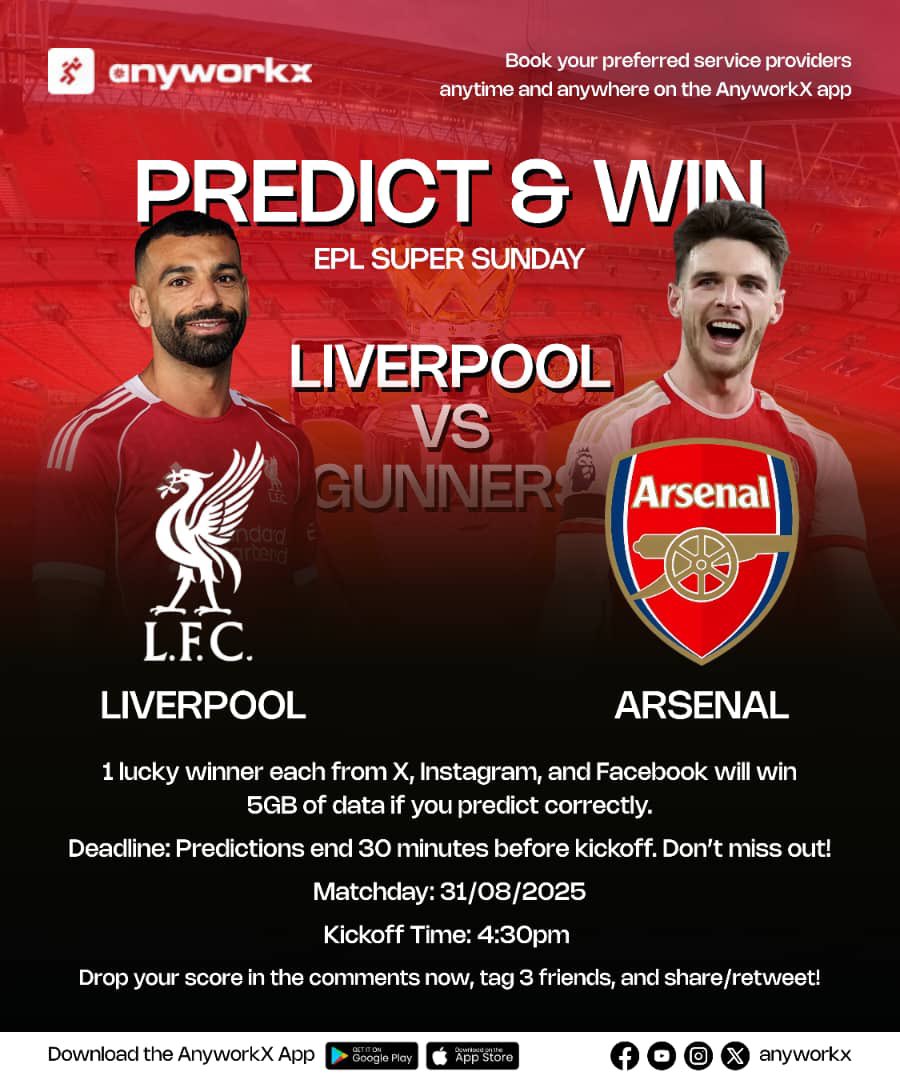 Anyworkx__'s tweet photo. Liverpool โก vs โก Arsenal
Arsenal fans go dey shout "This is our season" again....Liverpool fans dey polish their "You'll never walk alone" anthem. But whoโs taking the 3 points? ๐ฅ
As a football professor, hereโs your chance to win 5GB of data! ๐ฑ๐จ
1 lucky winner each from X, Instagram, and Facebook will win if they predict correctly.
๐ How to enter:
1๏ธโฃ Follow us and retweet this post!
2๏ธโฃDrop your correct score prediction in the comments
3๏ธโฃTag 3 of your friends to your comment
๐ Deadline: 30 minutes before kickoff
๐
Matchday: 31/08/2025
โฐ Kickoff: 4:30pm
Forget VAR, na your football sense we wan reward. Donโt miss out โ your prediction could pay off BIG! ๐
Download the AnyworkX App today to stand a chance to double your win to 10GB of data in future predict and win promos.
#Liverpool #premierleague2025 #premiersportscup #arsenal #predictandwin