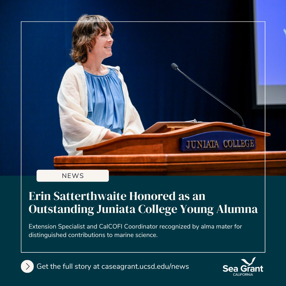 CASeaGrant's tweet image. Congratulations to California Sea Grant Extension Specialist and California Cooperative Oceanic Fisheries Investigations (@calcofi) Coordinator Erin Satterthwaite, who recently received the Young Alumni Achievement Award from @juniatacollege ! Learn more caseagrant.ucsd.edu/news/erin-satt…