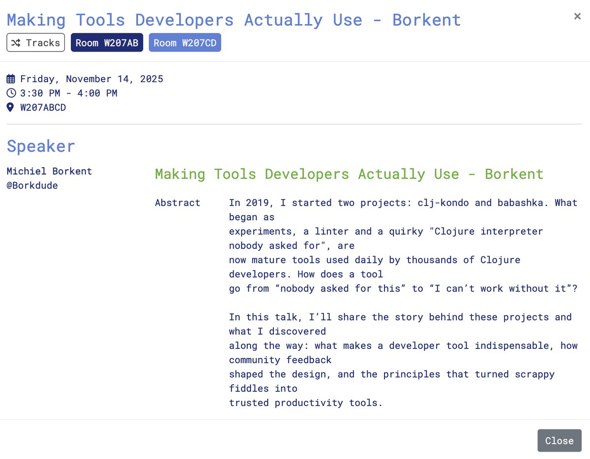borkdude's tweet image. Wow... looks like I&apos;ll be at the conj this year! Looking forward to meeting many #clojure folks over there!
@clojure_conj 

#babashka #cljKondo