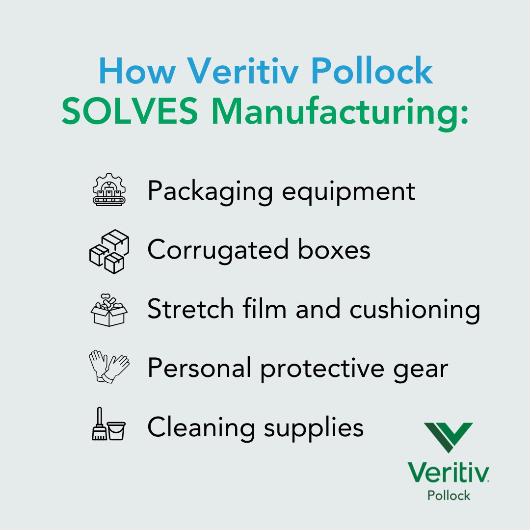 Veritiv Pollock ensures manufacturing plants have everything they need for smooth operations, including:
▶️ Packaging equipment
▶️ Corrugated boxes
▶️ Stretch film and cushioning
▶️ PPE
▶️ Cleaning supplies

Learn more about how we SOLVE manufacturing: pollock.com/markets/manufa…