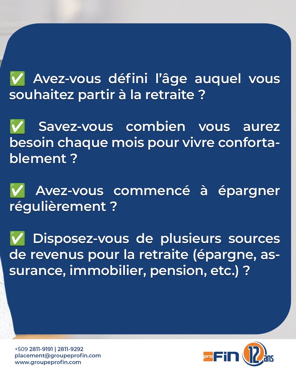 GroupeProFin's tweet image. Ce mois-ci, nous avons exploré ensemble ce que signifie vraiment bien préparer sa retraite: des outils financiers, en passant par l’importance de commencer tôt... vous avez maintenant les clés pour poser les bonnes bases.
Vous sentez-vous prêt(e) ? 🤔🤔 Contactez l’un de nos…