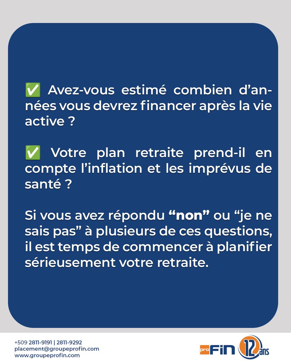 GroupeProFin's tweet image. Ce mois-ci, nous avons exploré ensemble ce que signifie vraiment bien préparer sa retraite: des outils financiers, en passant par l’importance de commencer tôt... vous avez maintenant les clés pour poser les bonnes bases.
Vous sentez-vous prêt(e) ? 🤔🤔 Contactez l’un de nos…