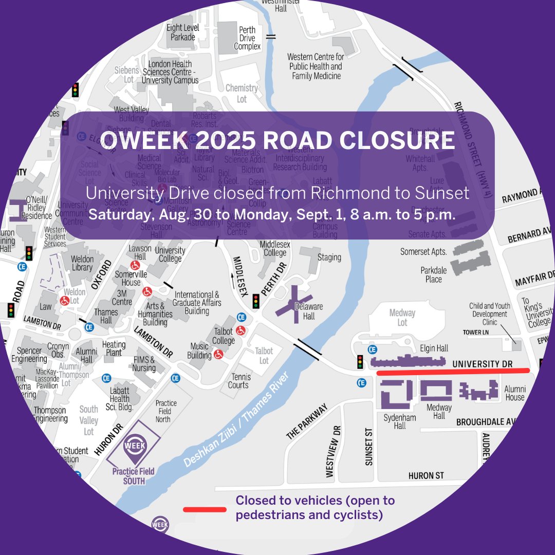 WesternU's tweet photo. Heads up #LdnOnt drivers! #WesternU students will begin moving into residence this weekend. Please take extra care when travelling and note that certain campus roads will be closed during #OWeek2025. https://t.co/JmbtCziOvN