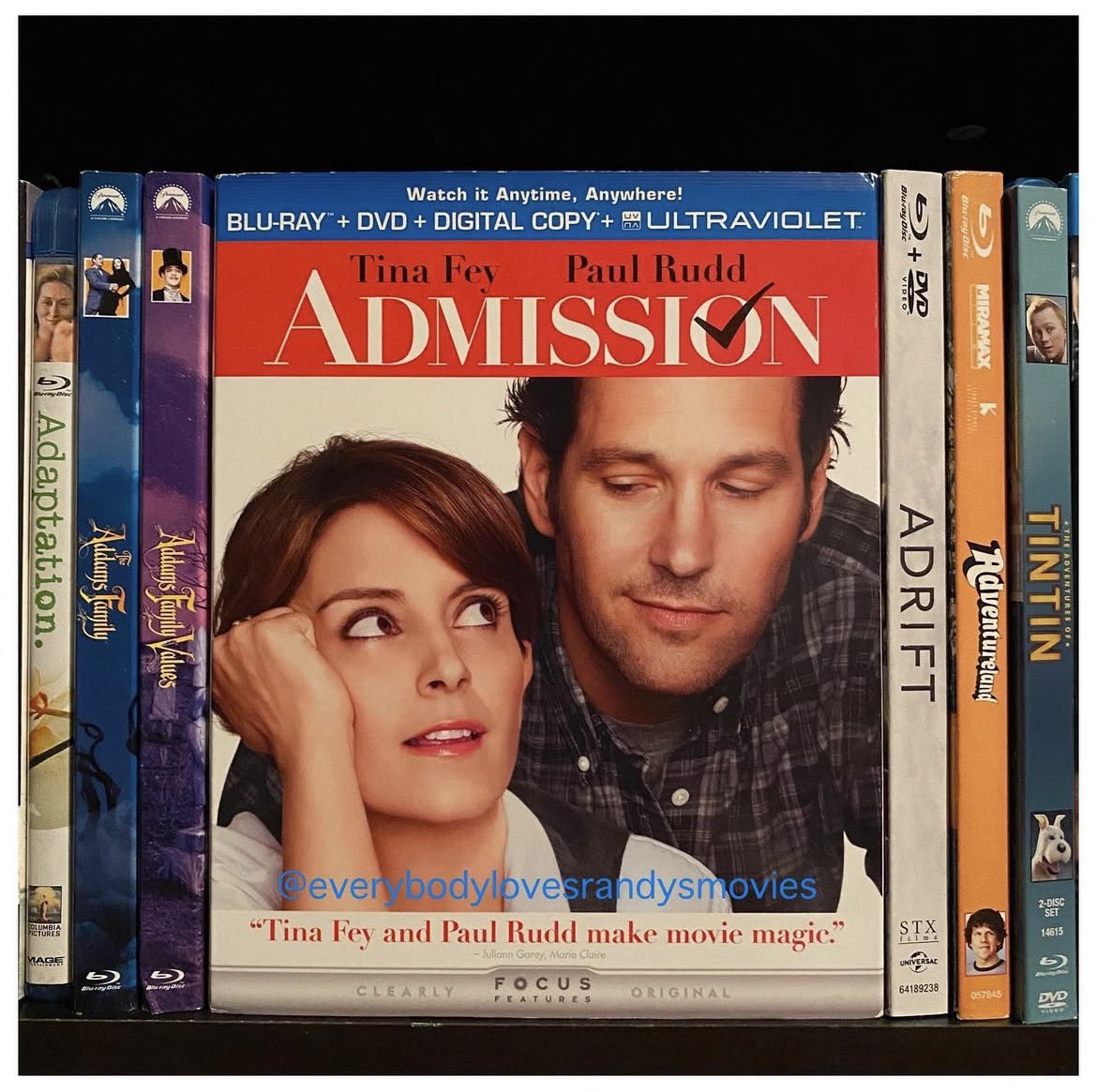 RandysMovies's tweet photo. Movie: #Admission (2013)
Starring: #TinaFey #PaulRudd #MichaelSheen #LilyTomlin #WallaceShawn #NatWolff #GloriaReuben
Directed By: #PaulWeitz
#BluRay
#MovieNerd
#MovieCollector
#BluRayCollection
#MovieCollection
#MovieBuff
#PhysicalMedia
#FilmTwitter https://t.co/E6ecEPbW0q