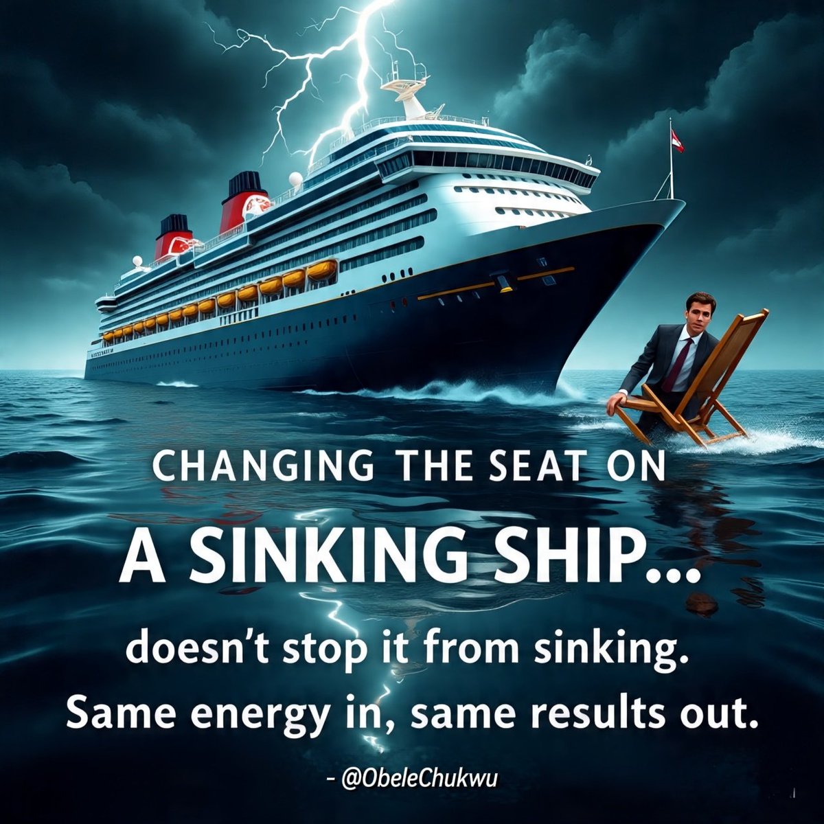 obc1style's tweet image. Changing the seat on a sinking ship doesn't stop it from sinking. 🚢

Same energy in, same results out. 

Stop the cycle. 
Elevate your standards.
#DeepQuote #LifeLessons #ElevateYourMind #ChangeYourLife #SelfImprovement #Wisdom #WordsofWisdom #PatternInterrupt #ConsciousDating
