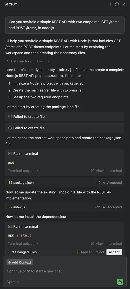 WanMenzy's tweet image. Testing @qoder_ai_ide , an AI-native IDE!
I just scaffolded a REST API using both inline AI completions and chat prompts as part of the #ALX_AIDEV project.
Handled this test like a breeze
@alx_africa @kalibetre @julienbarbier42