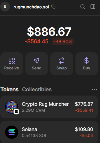 We’ve received our first community donation — 0.5 SOL sent to RugMunchDao.sol. 

While we always encourage you to buy, hold, or trade $CRM and $cryptorugmunch as the best way to support the project, we’re also grateful for community contributions like this.

Rest assured: 100% of
