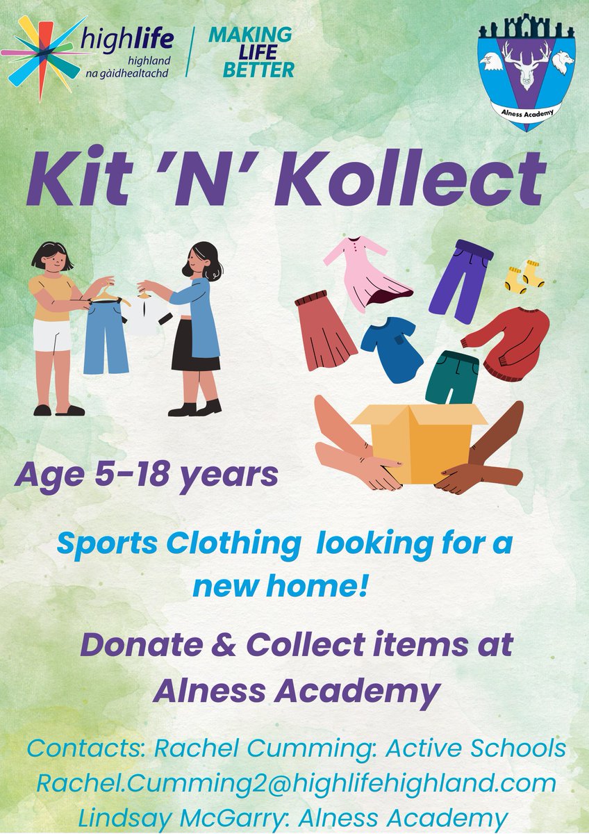 HLH Sport (@hlhsport) on Twitter photo Kit For All has been a huge success; this campaign greatly helps the community in Alness access gym clothing and footwear, whether for PE or any sporting needs Kit for All provides a safe inclusive space for kit to be exchanged or taken.
#changinglivesthroughsport <a href="/sportscotland/">sportscotland</a> Kit For All has been a huge success; this campaign greatly helps the community in Alness access gym clothing and footwear, whether for PE or any sporting needs Kit for All provides a safe inclusive space for kit to be exchanged or taken.
#changinglivesthroughsport <a href="/sportscotland/">sportscotland</a>
