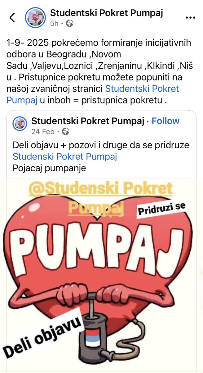 Na Facebook mreži se pojavio lažni studentski pokret Pumpaj.
Da ih prijavimo i blokiramo 
Deli da ljudi vide ❗️❗️❗️❗️❗️❗️
facebook.com/share/1JZgDKec…