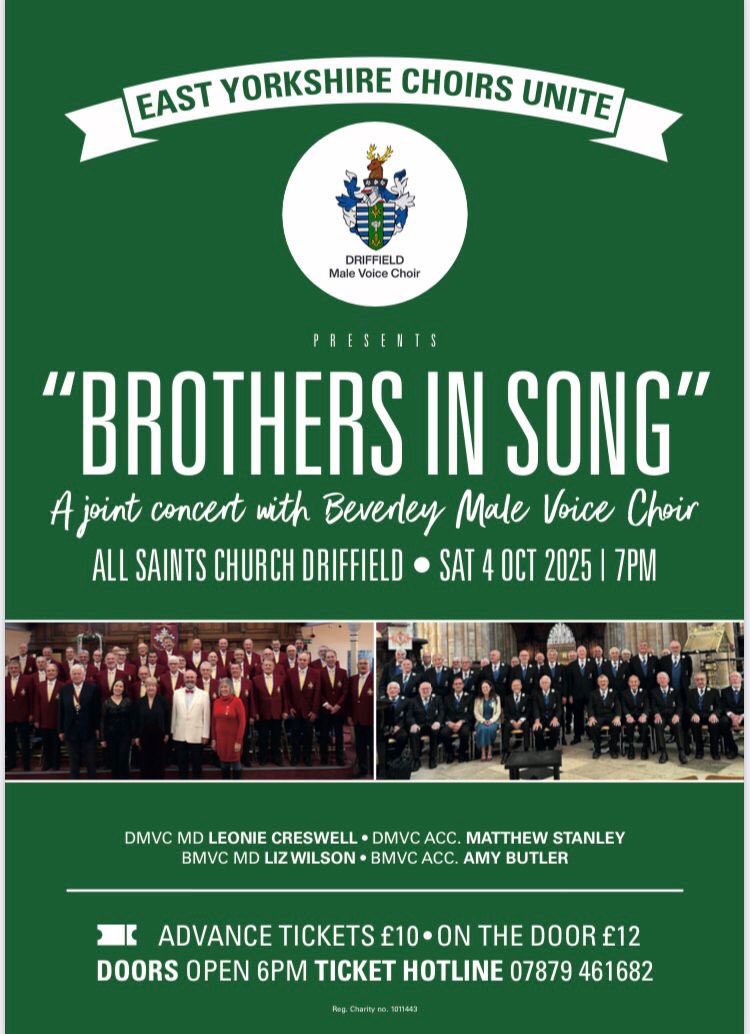DriffieldMVC's tweet image. We’re looking forward to this one!
Join us at All Saints Church on Sat 4 Oct for a spectacular joint concert with our ‘Brothers in Song’ the Beverley Male Voice Choir.
Advance tickets are cheaper than on the night, so get in touch now to secure yours!
Call 07879 461 682